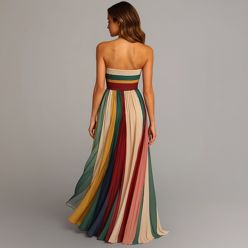 Women's Strapless Maxi Dress | Striped Colorblock-4