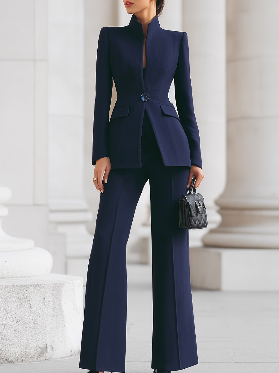 Women's Suit Set | Stand Collar Blazer & Flare Pants-1