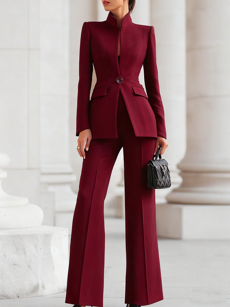 Women's Suit Set | Stand Collar Blazer & Flare Pants-4