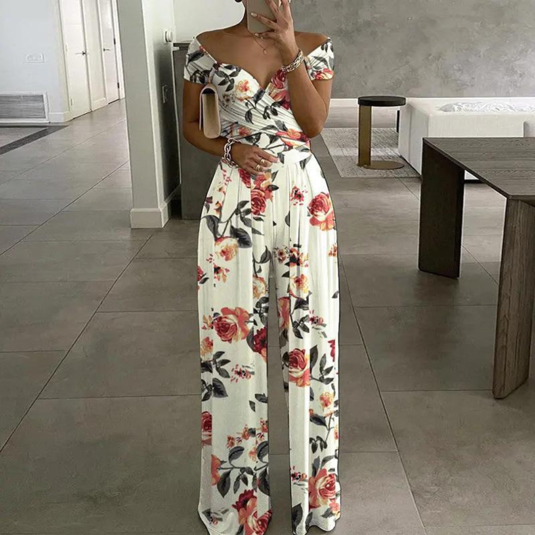 Women's Floral Maxi Jumpsuit | Off Shoulder Wide Leg-5