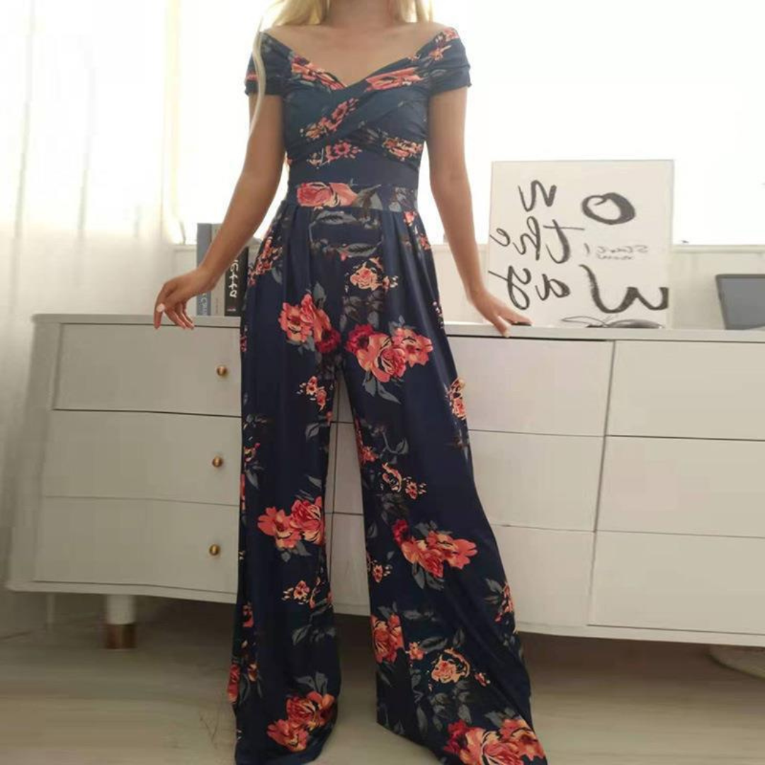 Women's Floral Maxi Jumpsuit | Off Shoulder Wide Leg-6