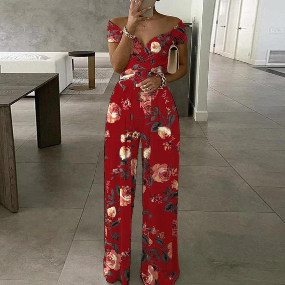Women's Floral Maxi Jumpsuit | Off Shoulder Wide Leg-2