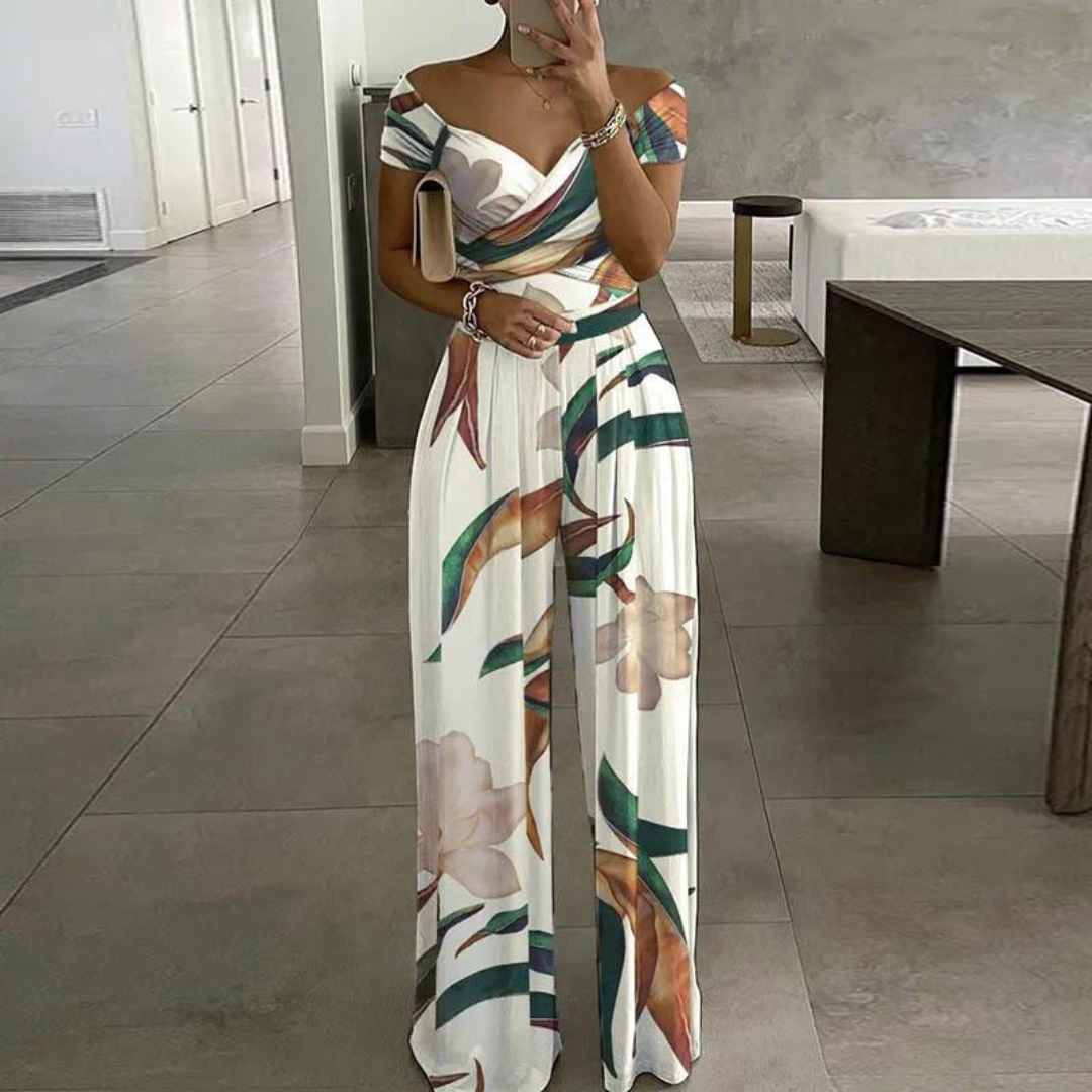 Women's Floral Maxi Jumpsuit | Off Shoulder Wide Leg-1