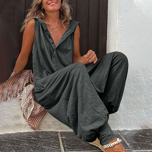 Women's Casual Maxi Jumpsuit | Wide Leg Hooded-1