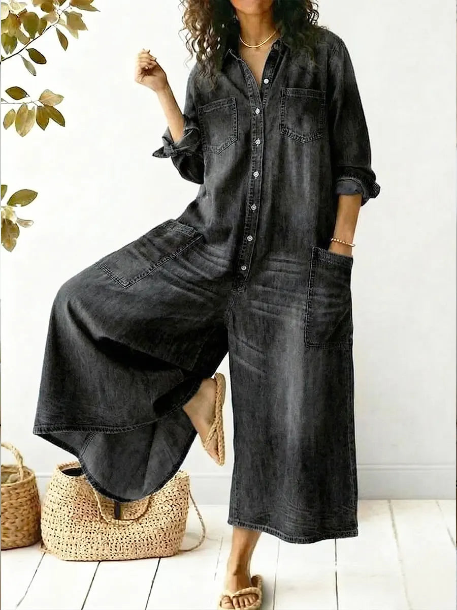 Women's Casual Wide Leg Jumpsuit | Button Front-2