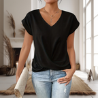 Women's V-Neck Twist Hem Tee | Cap Sleeve Blouse-3
