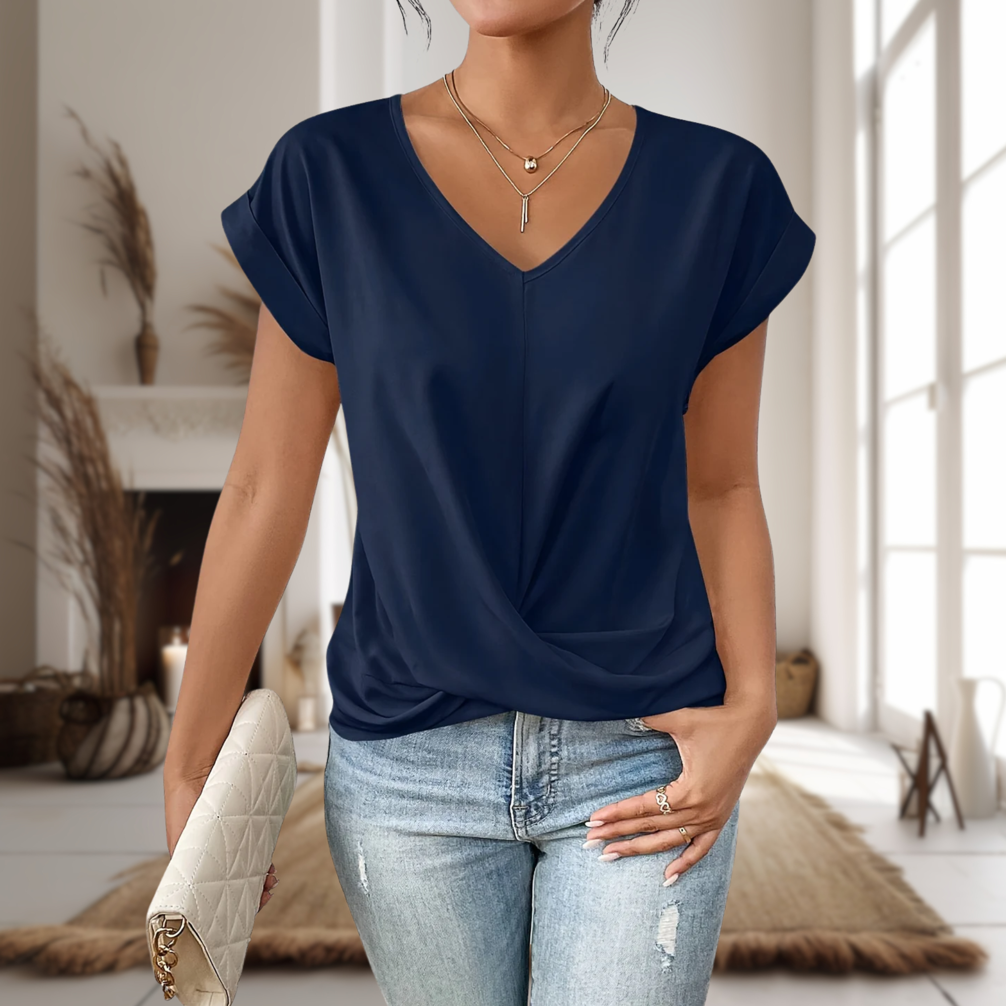 Women's V-Neck Twist Hem Tee | Cap Sleeve Blouse-5
