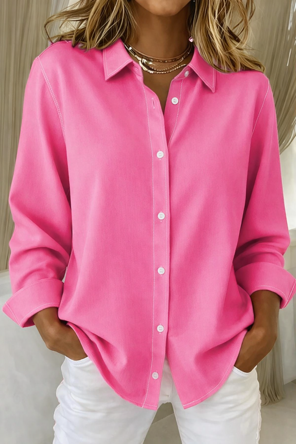 Women's Oversized Button Down Shirt | Pink Long Sleeve-1