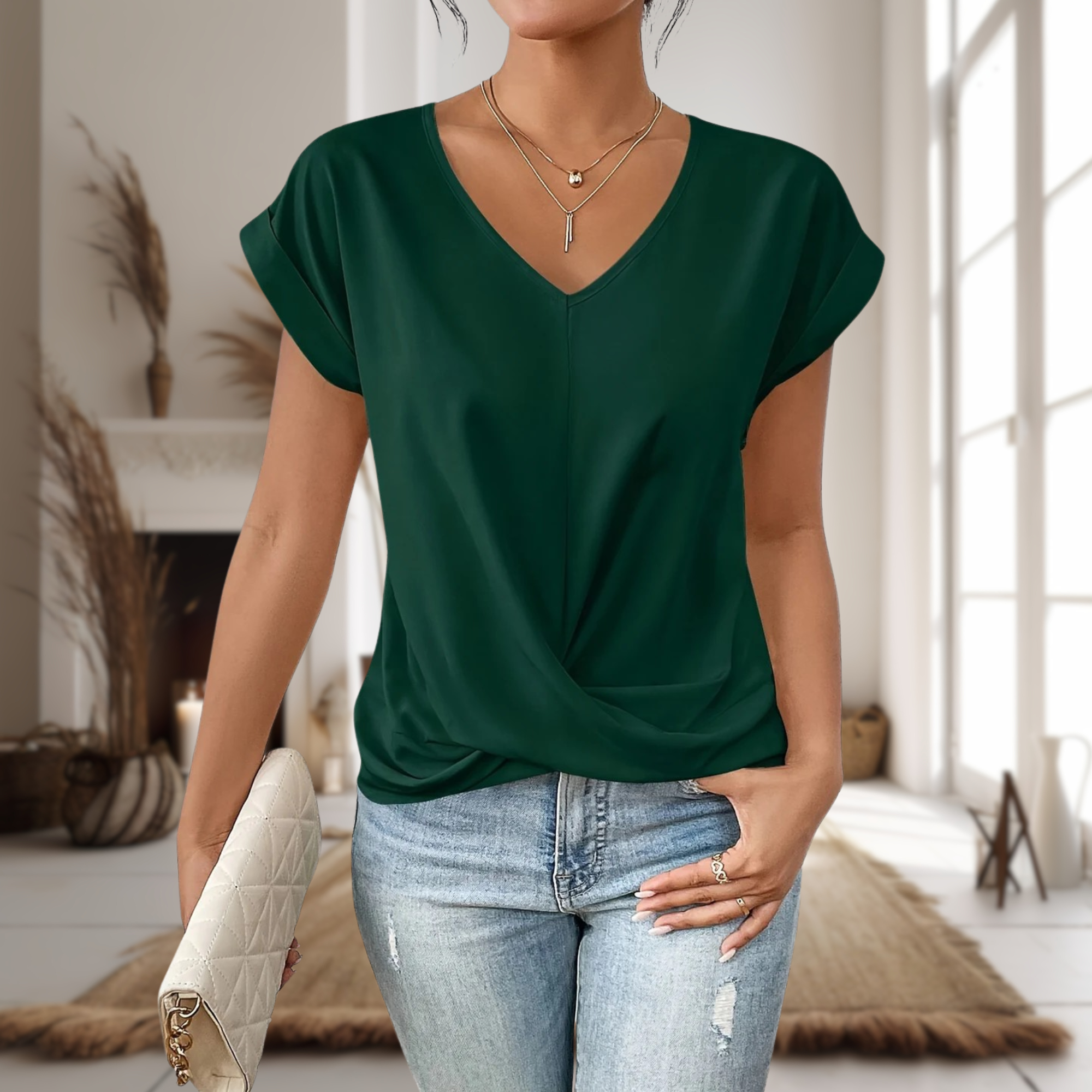 Women's V-Neck Twist Hem Tee | Cap Sleeve Blouse-7
