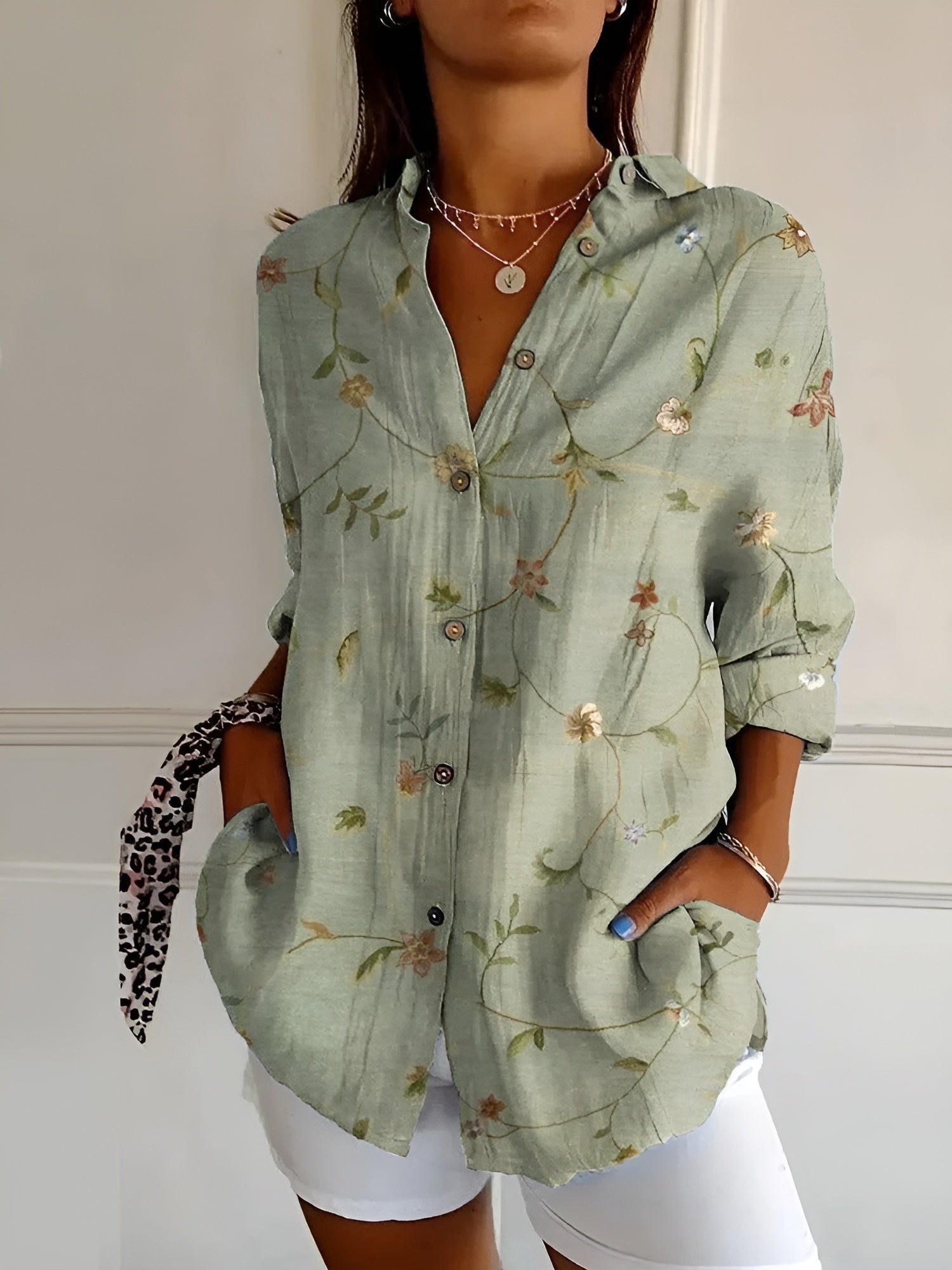 Women's Floral Print Blouse | Button-Down Long Sleeve-2