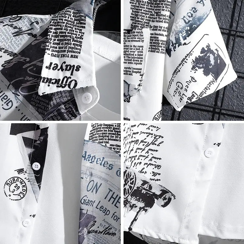 Men's Newspaper Print Shirt | Casual Short Sleeve-6