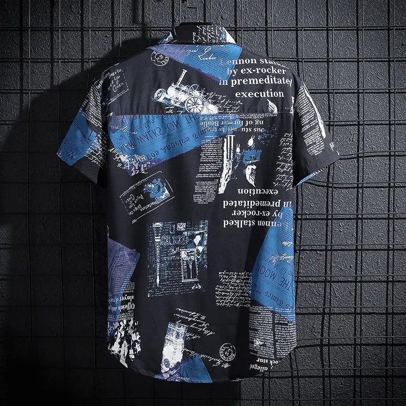 Men's Newspaper Print Shirt | Casual Short Sleeve-4