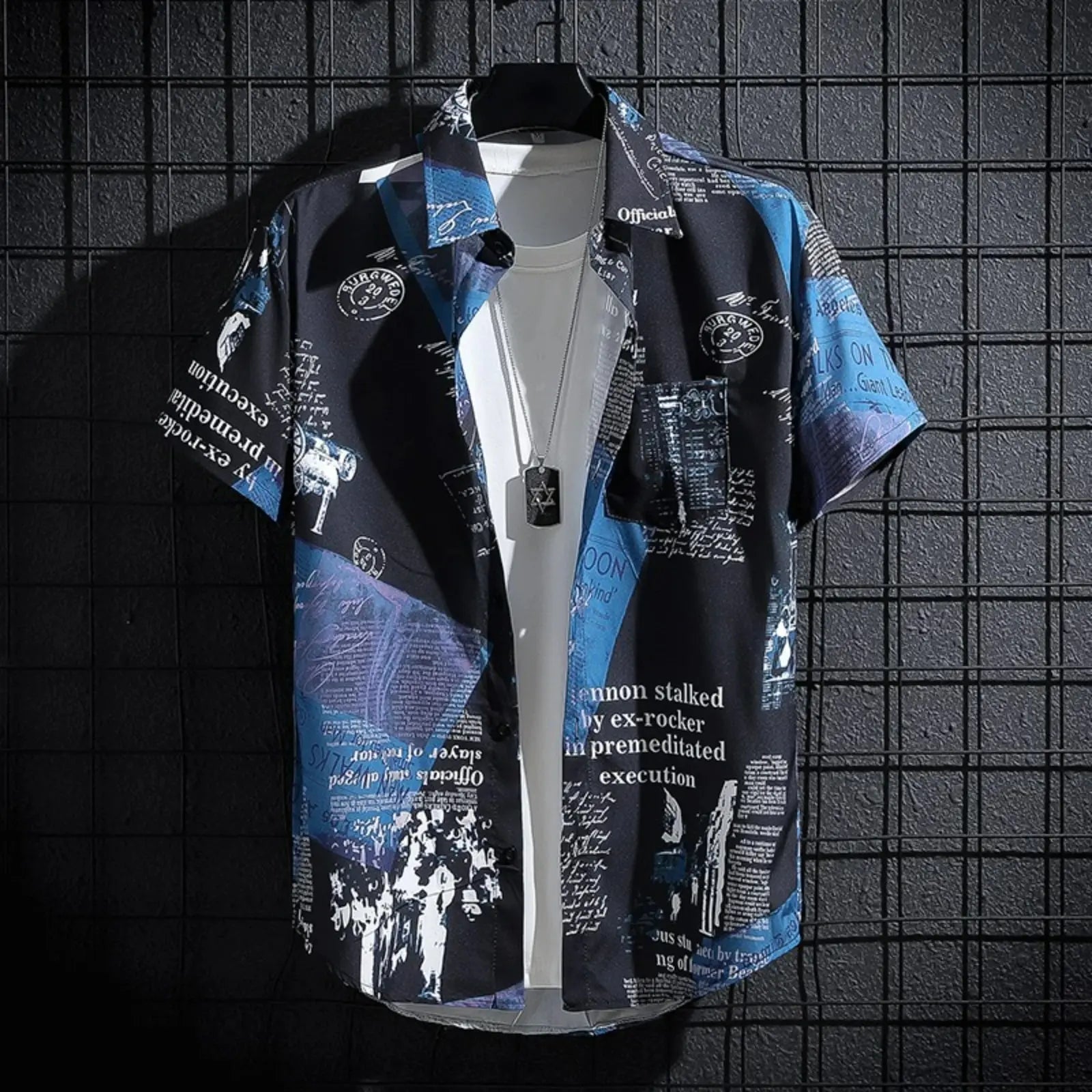 Men's Newspaper Print Shirt | Casual Short Sleeve-2