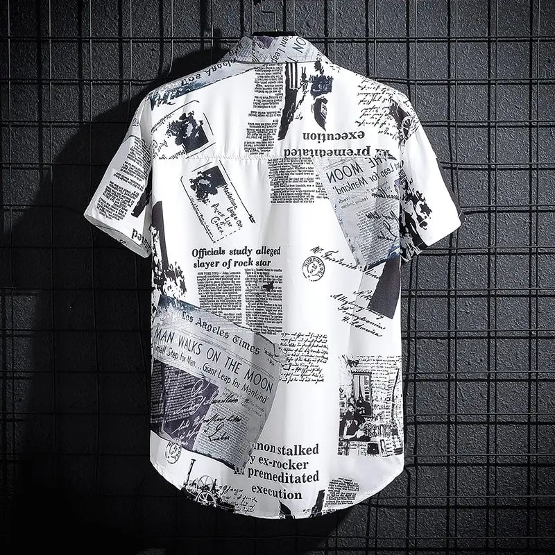 Men's Newspaper Print Shirt | Casual Short Sleeve-5