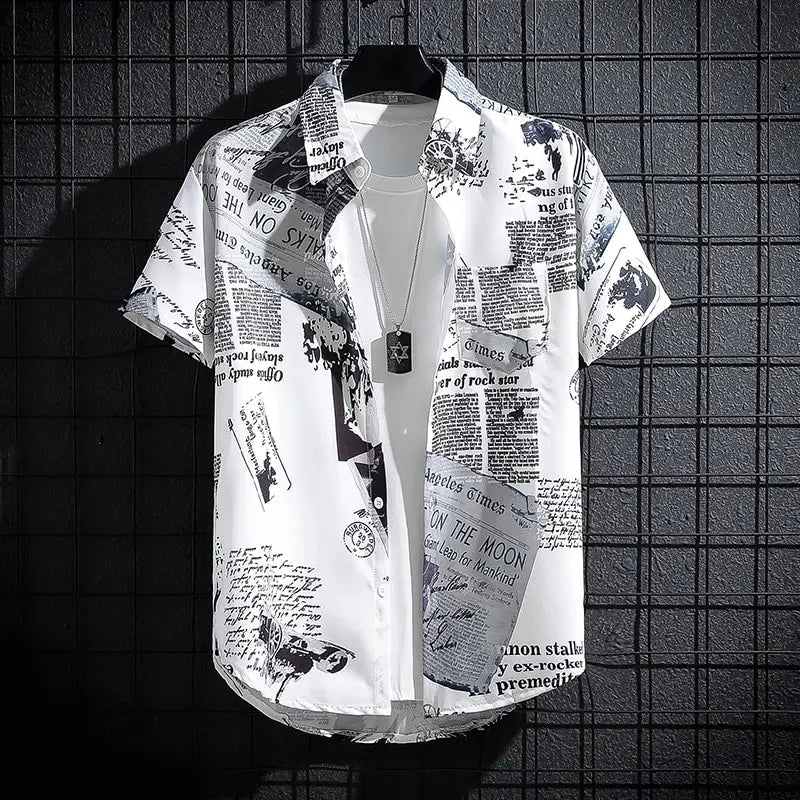 Men's Newspaper Print Shirt | Casual Short Sleeve-3