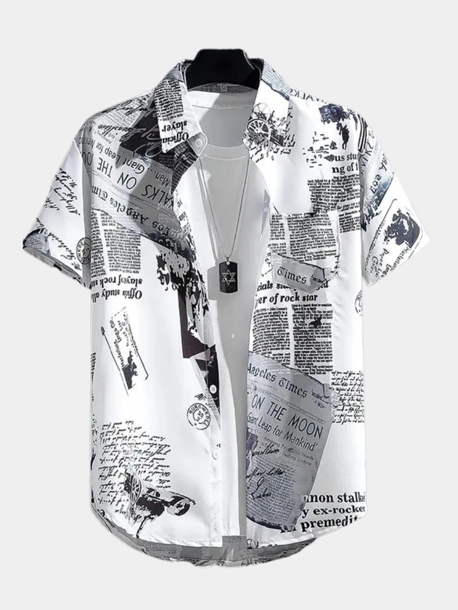Men's Newspaper Print Shirt | Casual Short Sleeve-1