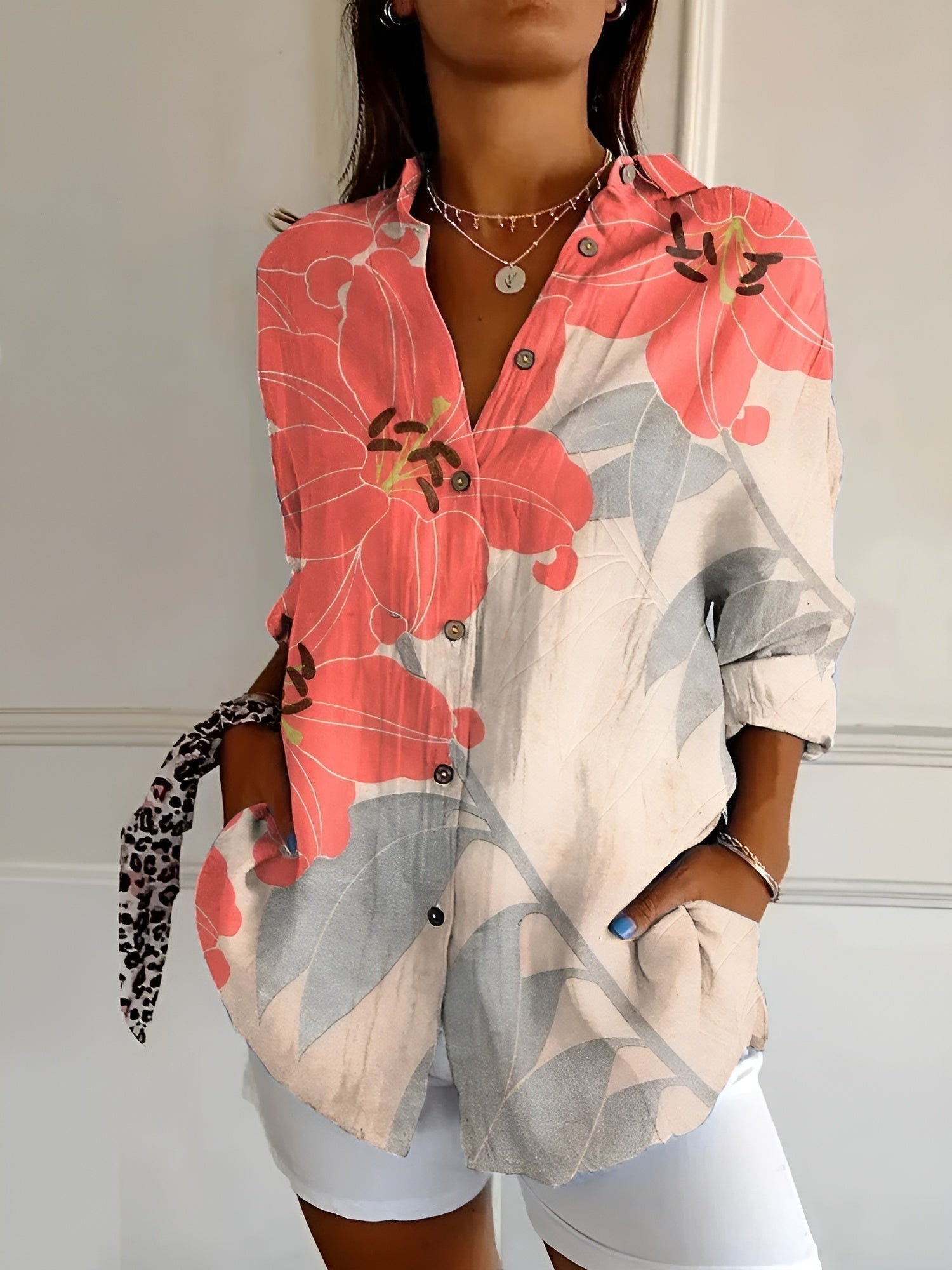 Women's Floral Print Blouse | Button-Down Long Sleeve-7