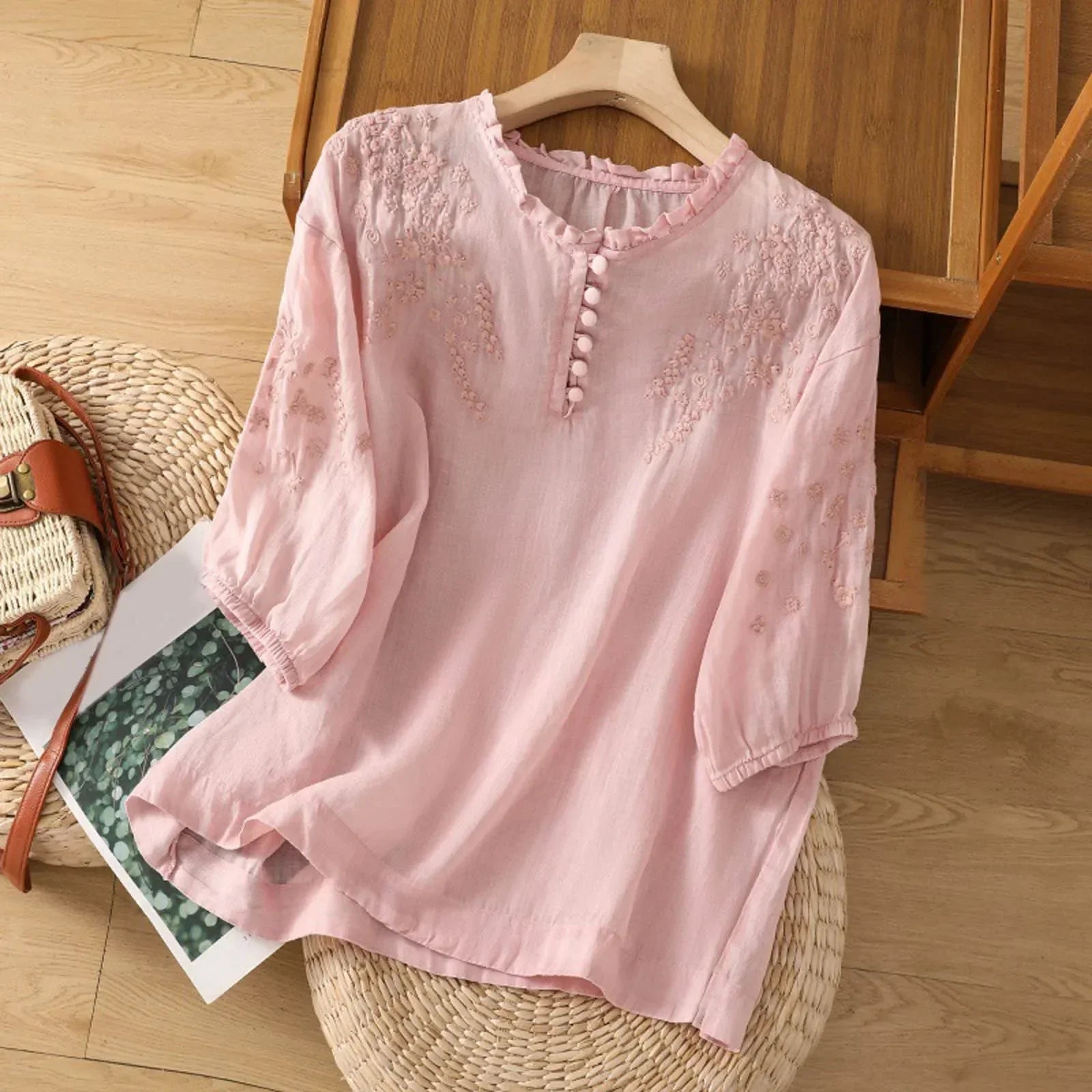 Women's Embroidered Blouse | Button-Front 3/4 Sleeve-2