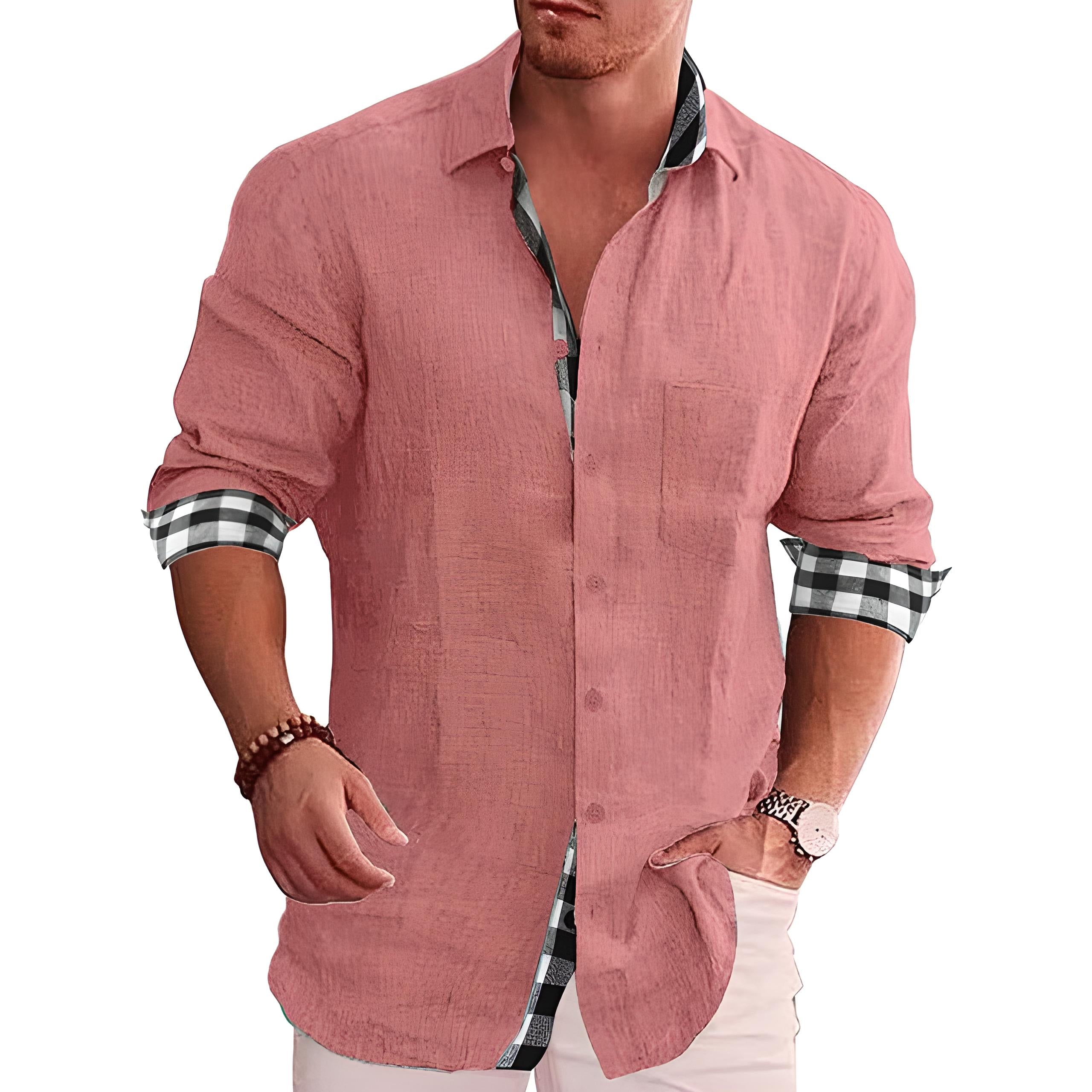 Men's White Button Down Shirt | Plaid Trim-5