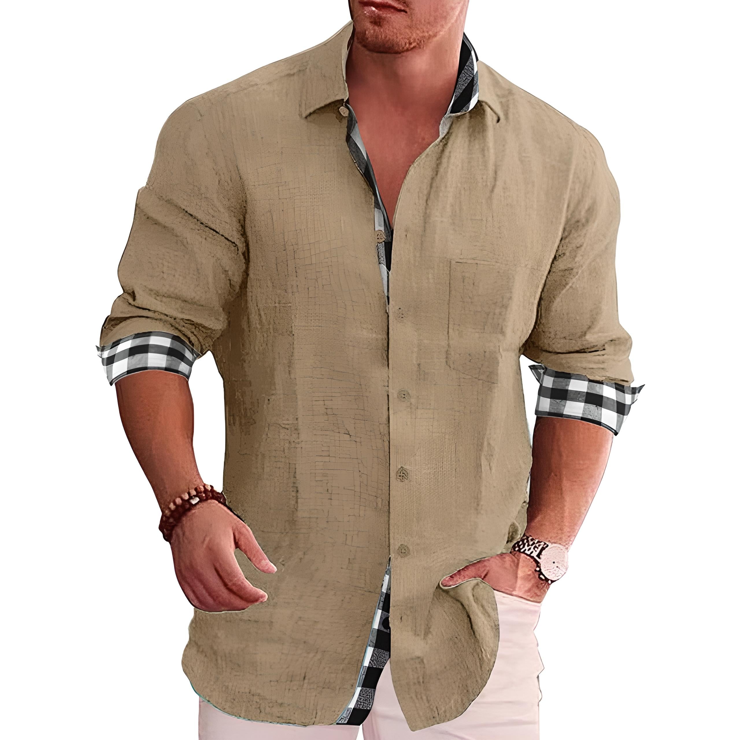 Men's White Button Down Shirt | Plaid Trim-2