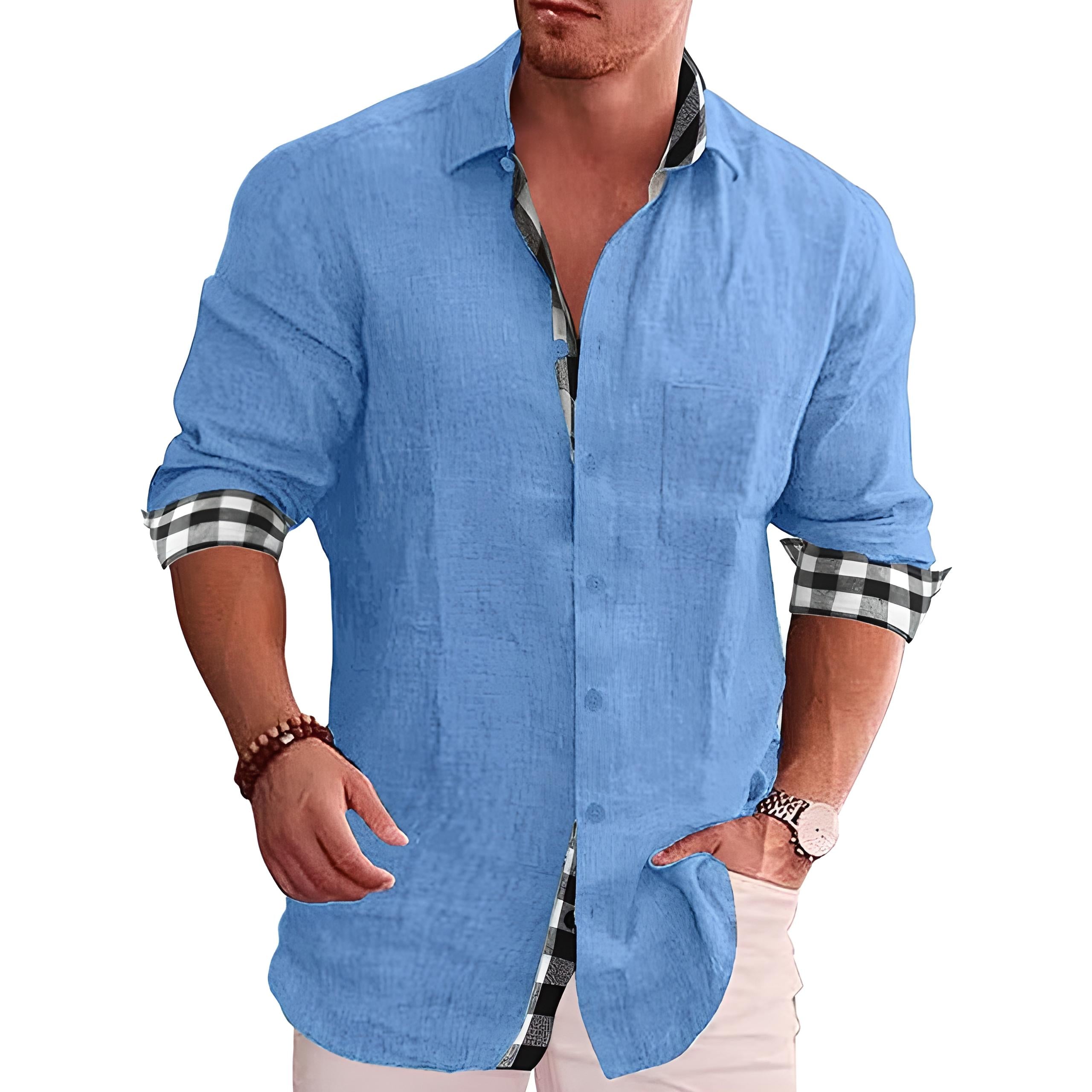 Men's White Button Down Shirt | Plaid Trim-8