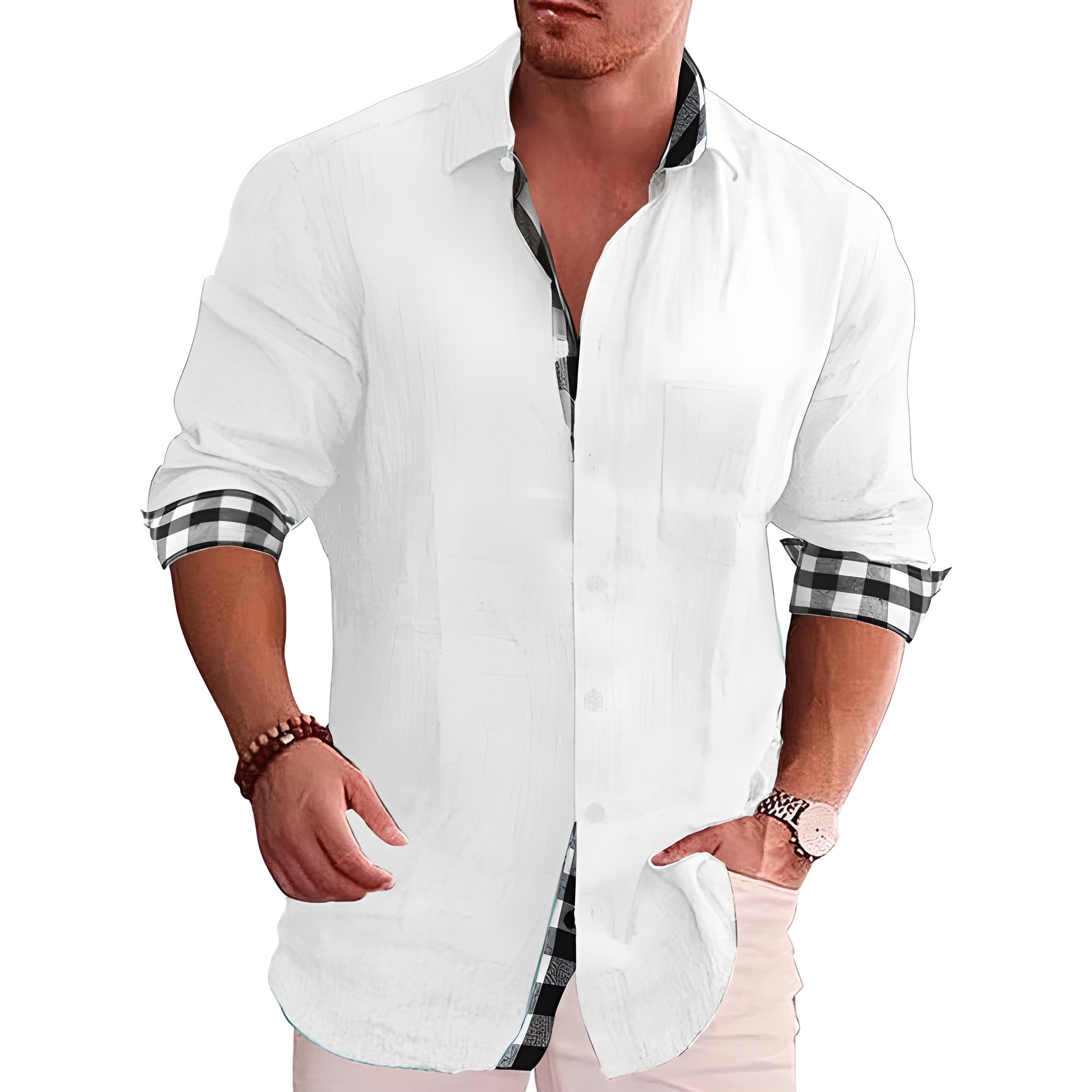 Men's White Button Down Shirt | Plaid Trim-1