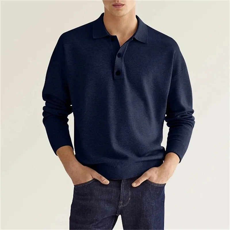 Men's Long Sleeve Casual Knit Polo Shirt-2
