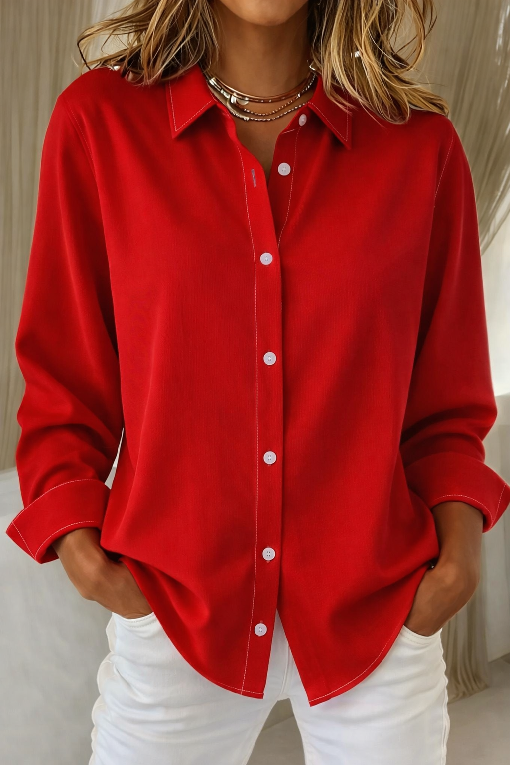 Women's Oversized Button Down Shirt | Pink Long Sleeve-3