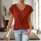 Women's V-Neck Twist Hem Tee | Cap Sleeve Blouse-4