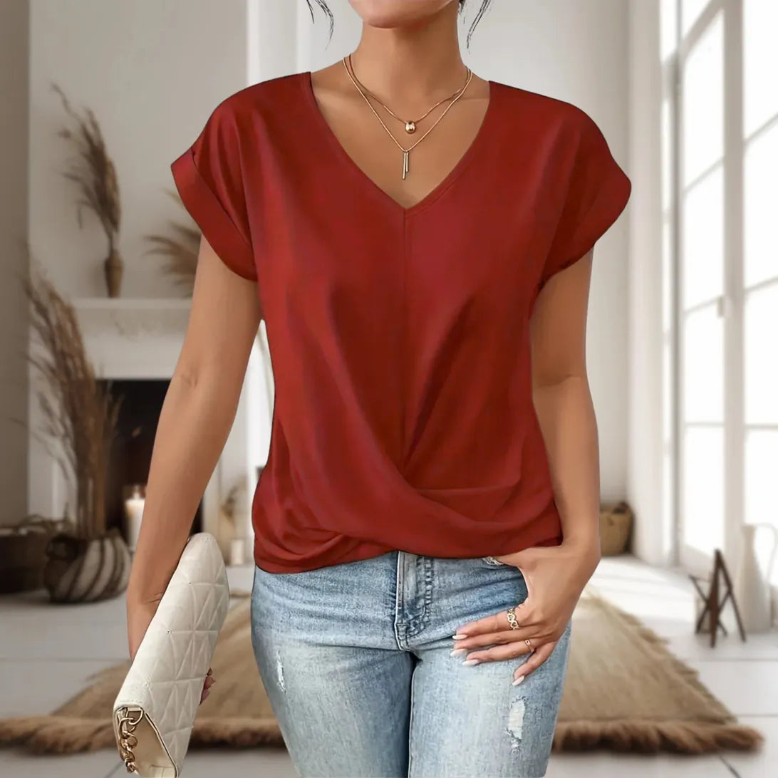Women's V-Neck Twist Hem Tee | Cap Sleeve Blouse-4