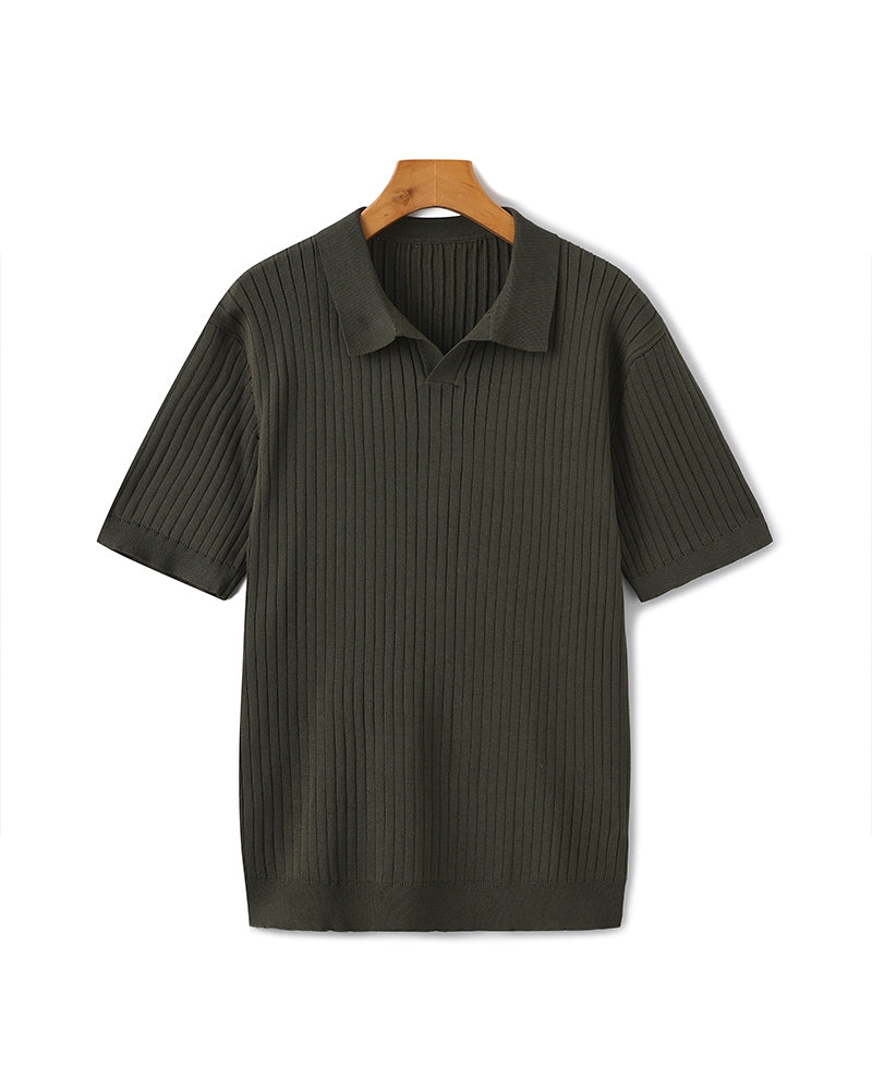 Men's Casual Ribbed Polo | Short Sleeve Open Collar-19
