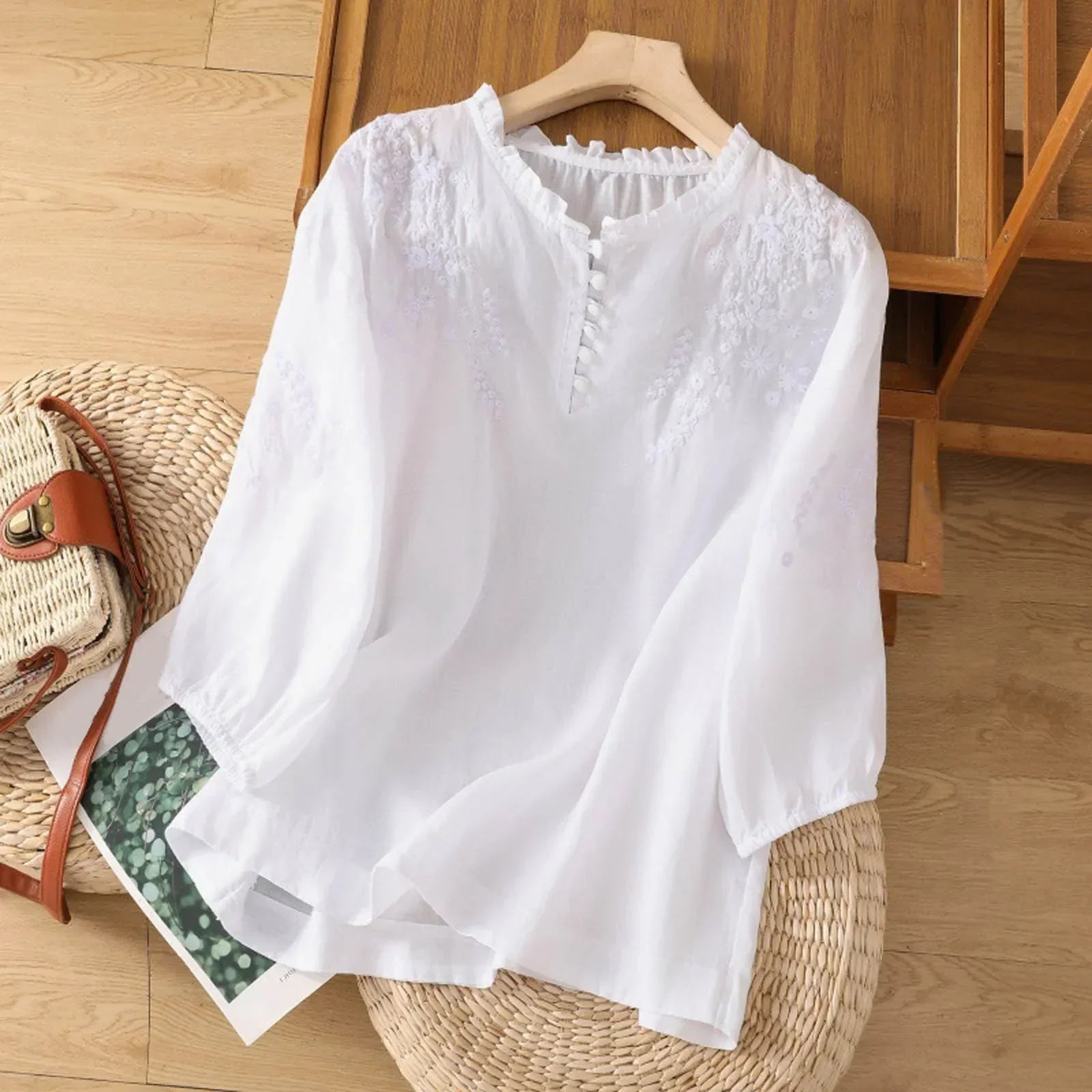 Women's Embroidered Blouse | Button-Front 3/4 Sleeve-3