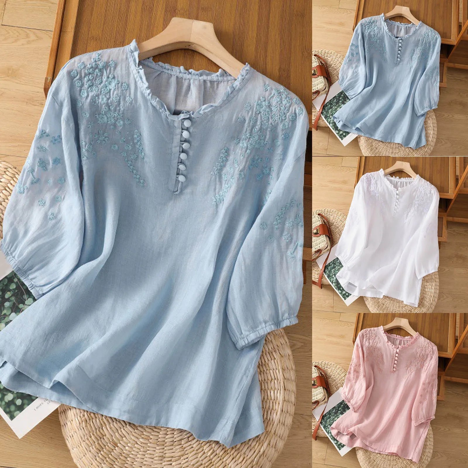 Women's Embroidered Blouse | Button-Front 3/4 Sleeve-5